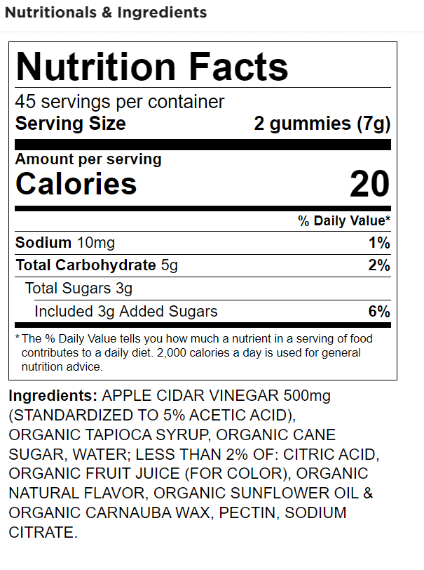 Gomitas de vinagre de sidra de manzana SLIMFAST Suplemento dietético de manzana crujiente 500 mg