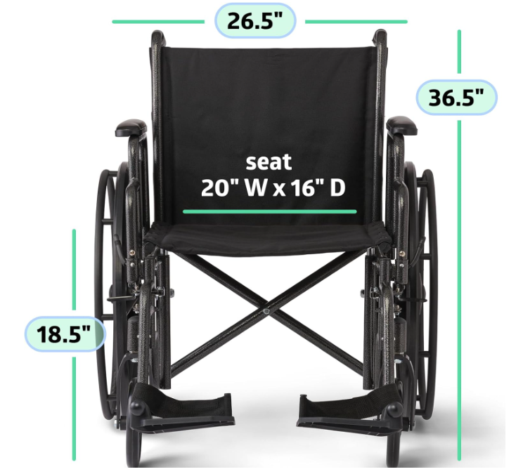 Silla de ruedas Medline de acero resistente, color negro, asiento ancho de 20" 