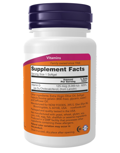 Suplementos de NOW Foods, vitamina D-3 5000 UI para huesos y salud