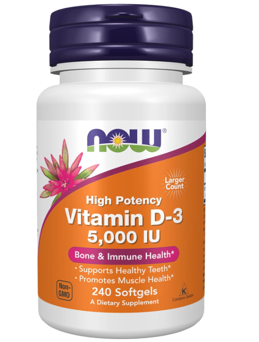 Suplementos de NOW Foods, vitamina D-3 5000 UI para huesos y salud